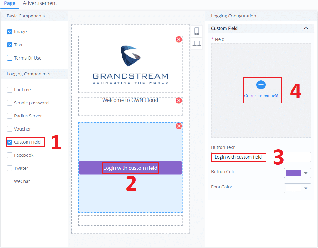 Tạo Splash Page và chọn Custom Field trong Captive Portal