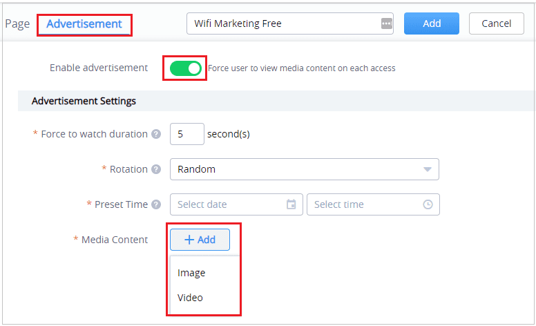 Tab Advertisement trong Splash Page — cấu hình thời lượng và khung giờ quảng cáo