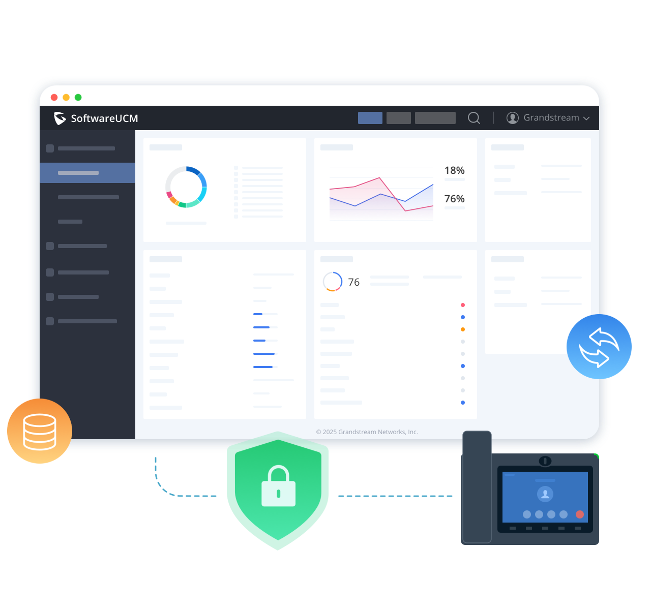 Bảng quản trị SoftwareUCM với biểu tượng khiên khóa bảo mật và kết nối mã hóa tới điện thoại IP