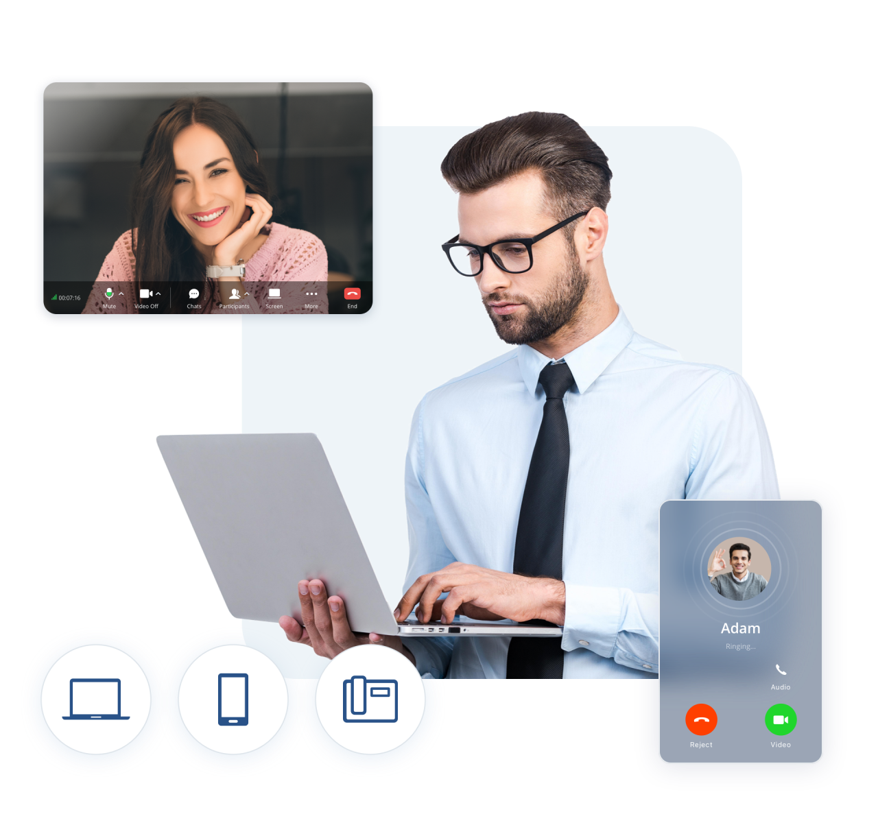 Nhân viên làm việc từ xa với SoftwareUCM: cuộc họp video trên máy tính và cuộc gọi đến trên di động qua ứng dụng Wave
