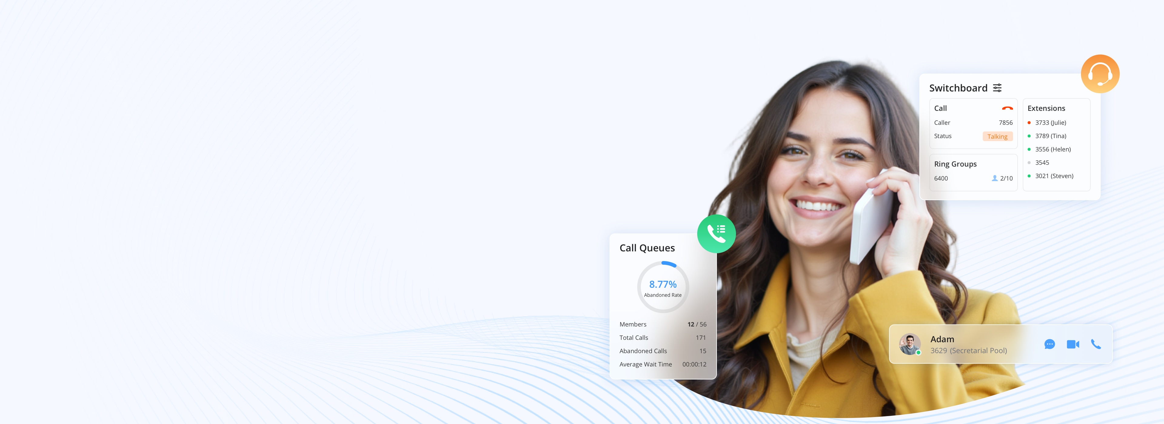 Giao diện tổng đài IP phần mềm SoftwareUCM Grandstream — bảng điều khiển Switchboard, hàng đợi cuộc gọi (Call Queues) và danh sách máy nhánh đang hoạt động