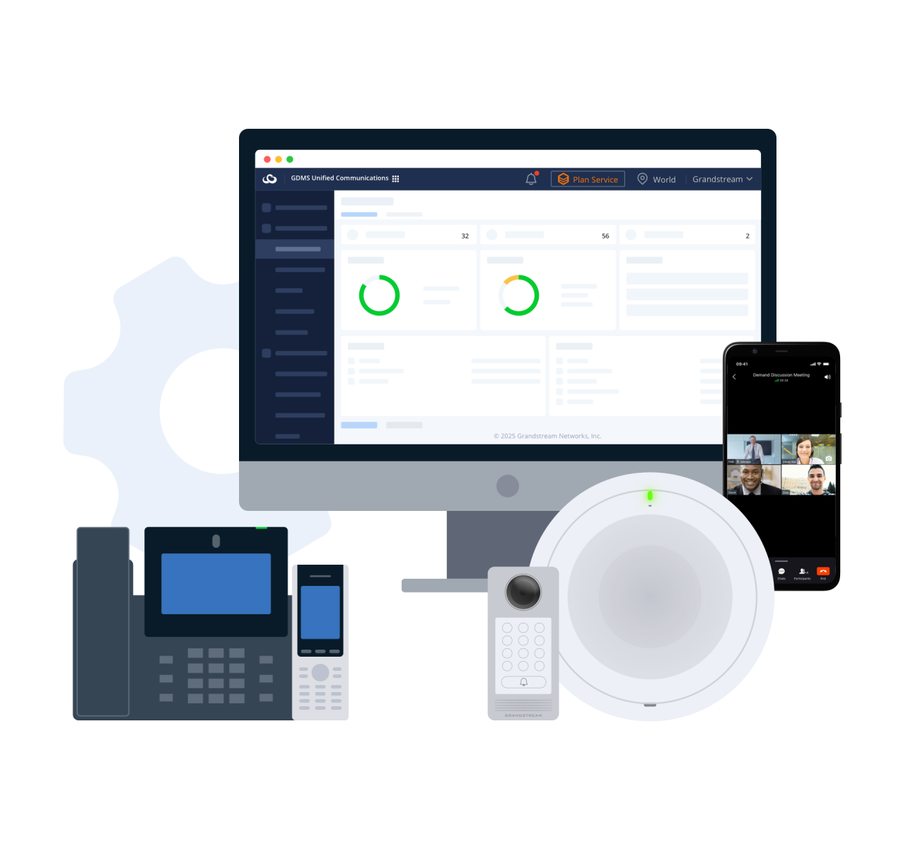 Bảng điều khiển GDMS quản lý SoftwareUCM tập trung cùng các đầu cuối: điện thoại IP, DECT, chuông cửa, loa trần và họp video trên di động