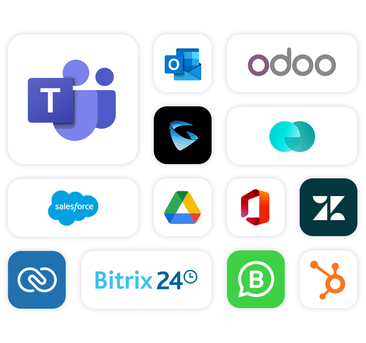 Các nền tảng tích hợp với SoftwareUCM: Microsoft Teams, Outlook, Office 365, Google Drive, Salesforce, Zoho, Zendesk, Odoo, Bitrix24, WhatsApp Business, HubSpot