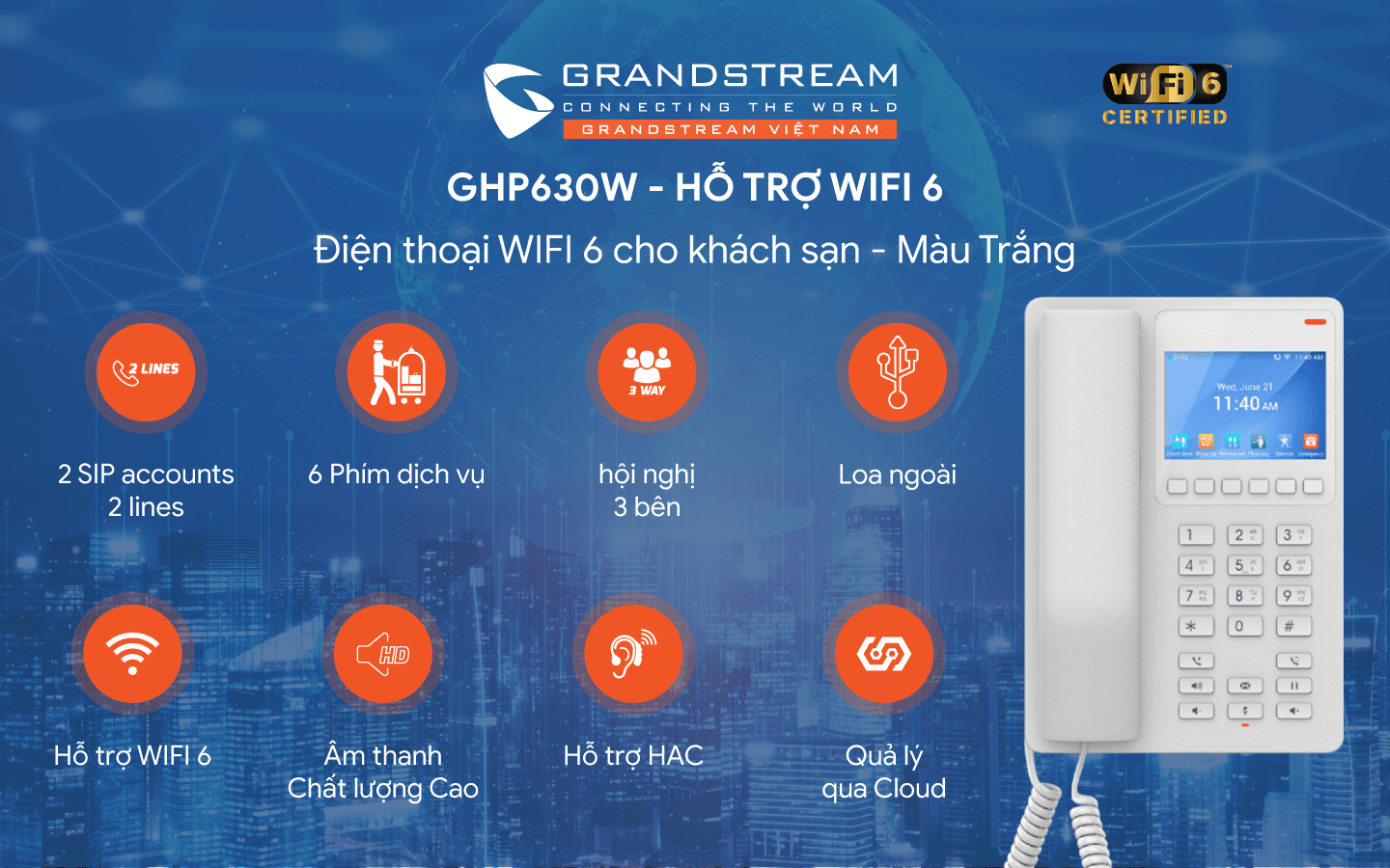 Điện Thoại Khách Sạn Wi-Fi Grandstream GHP630W