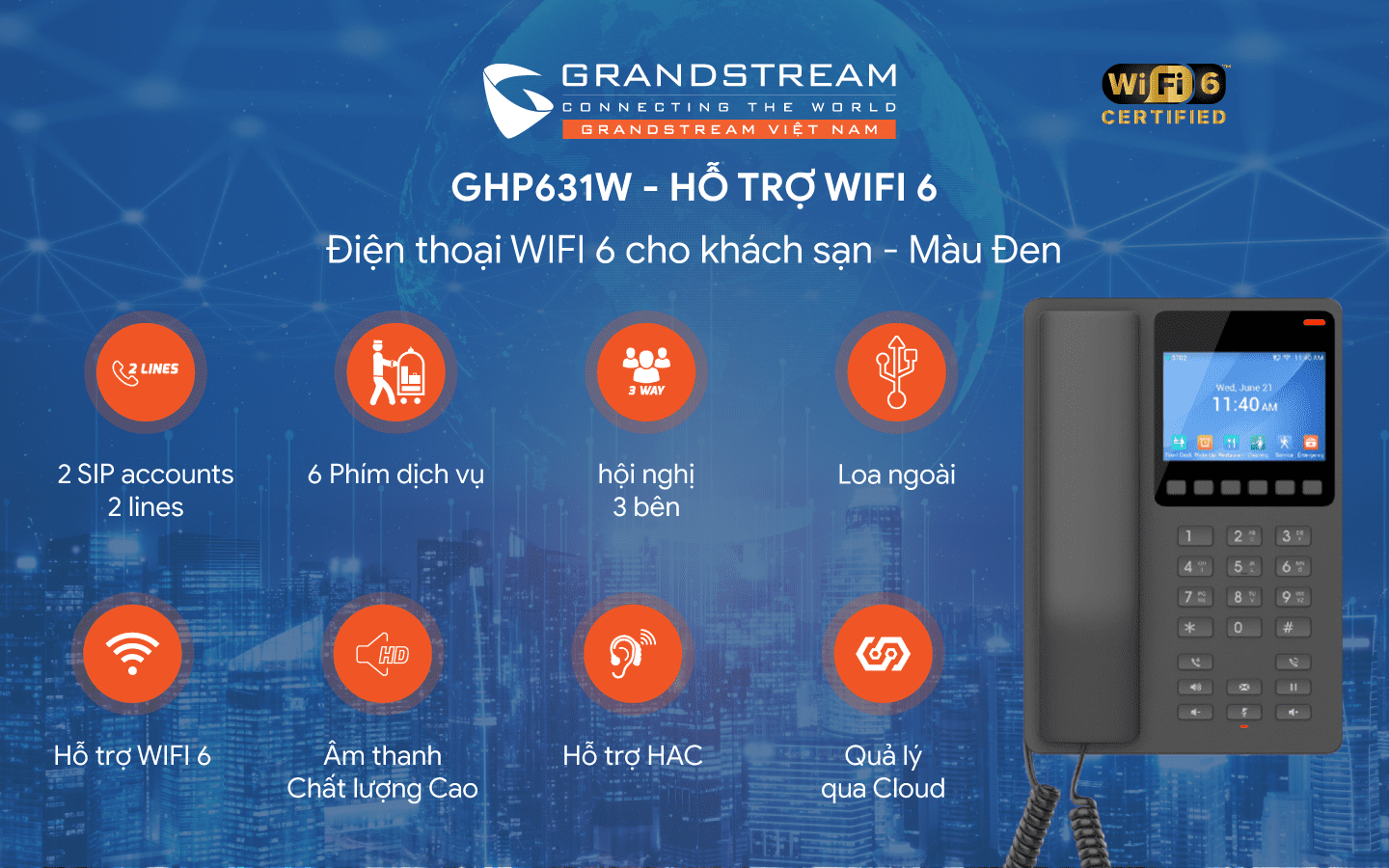 Điện Thoại Khách Sạn WiFi Grandstream GHP631W