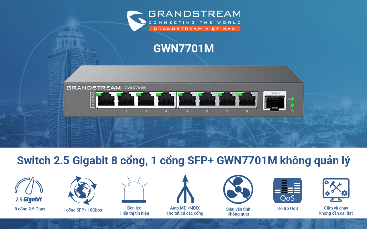 Switch 9 cổng Grandstream GWN7701M 4 Switch 8 cổng 2.5Gbps, 1 cổng SFP+ Grandstream GWN7701M