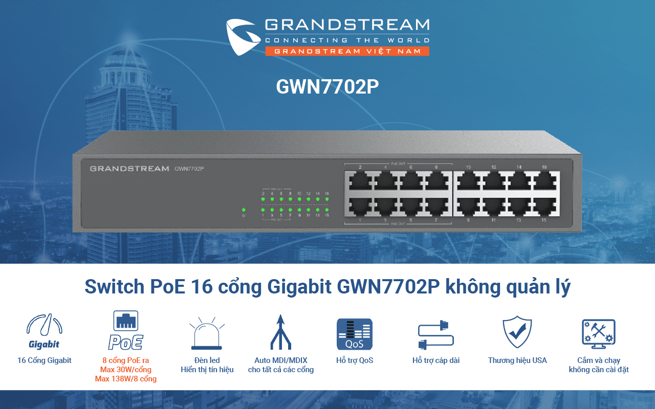 Switch 16 cổng, 8 cổng PoE Grandstream GWN7702P