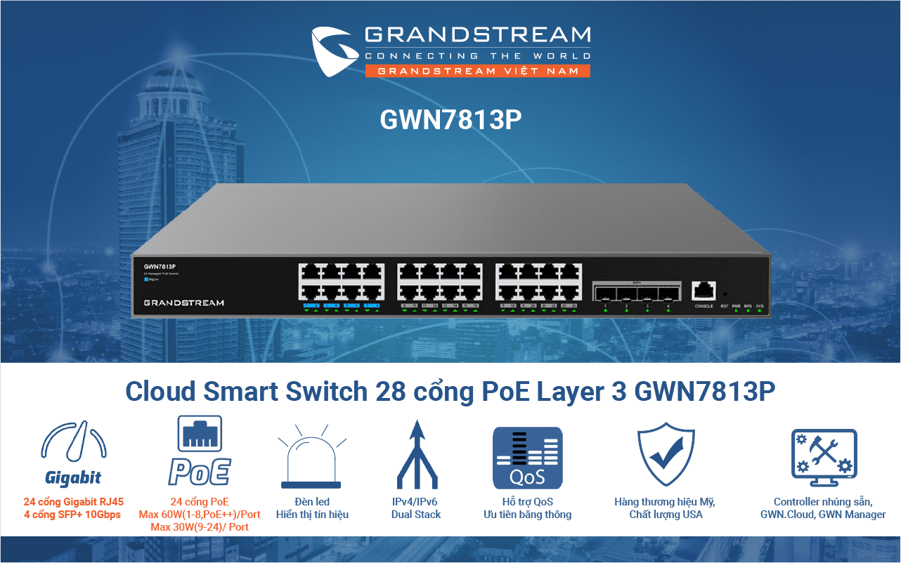 Switch PoE Layer 3 28 Cổng Grandstream GWN7813P