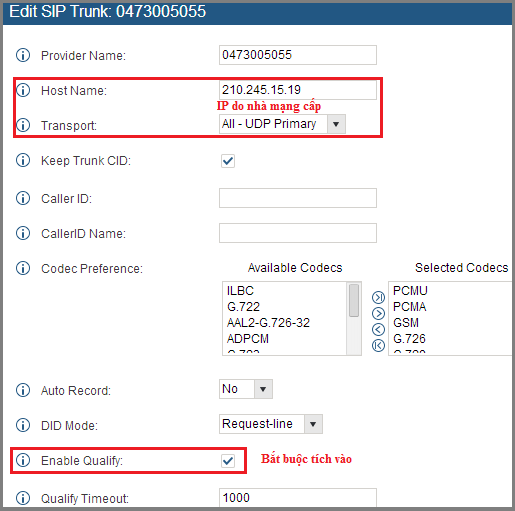 Khai báo trung kế SIP