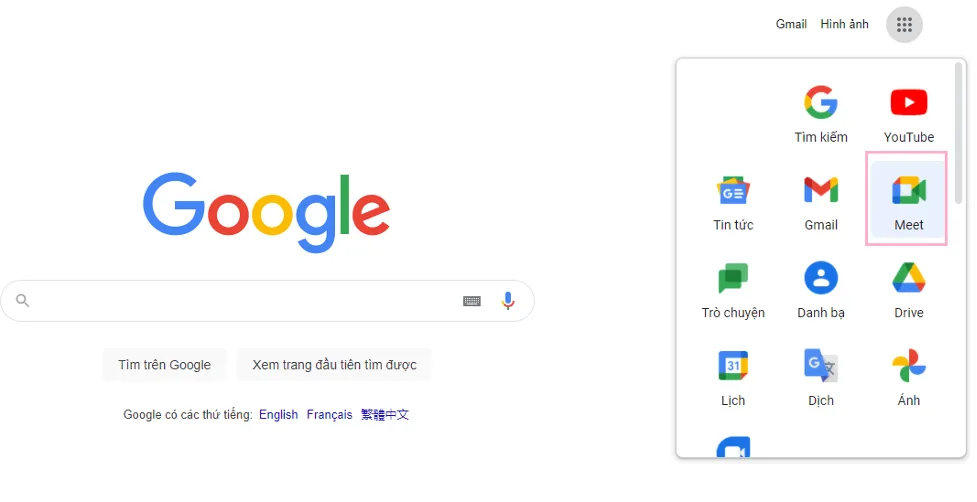Vào giao diện Meet để tiếp tục các bước tiếp theo.