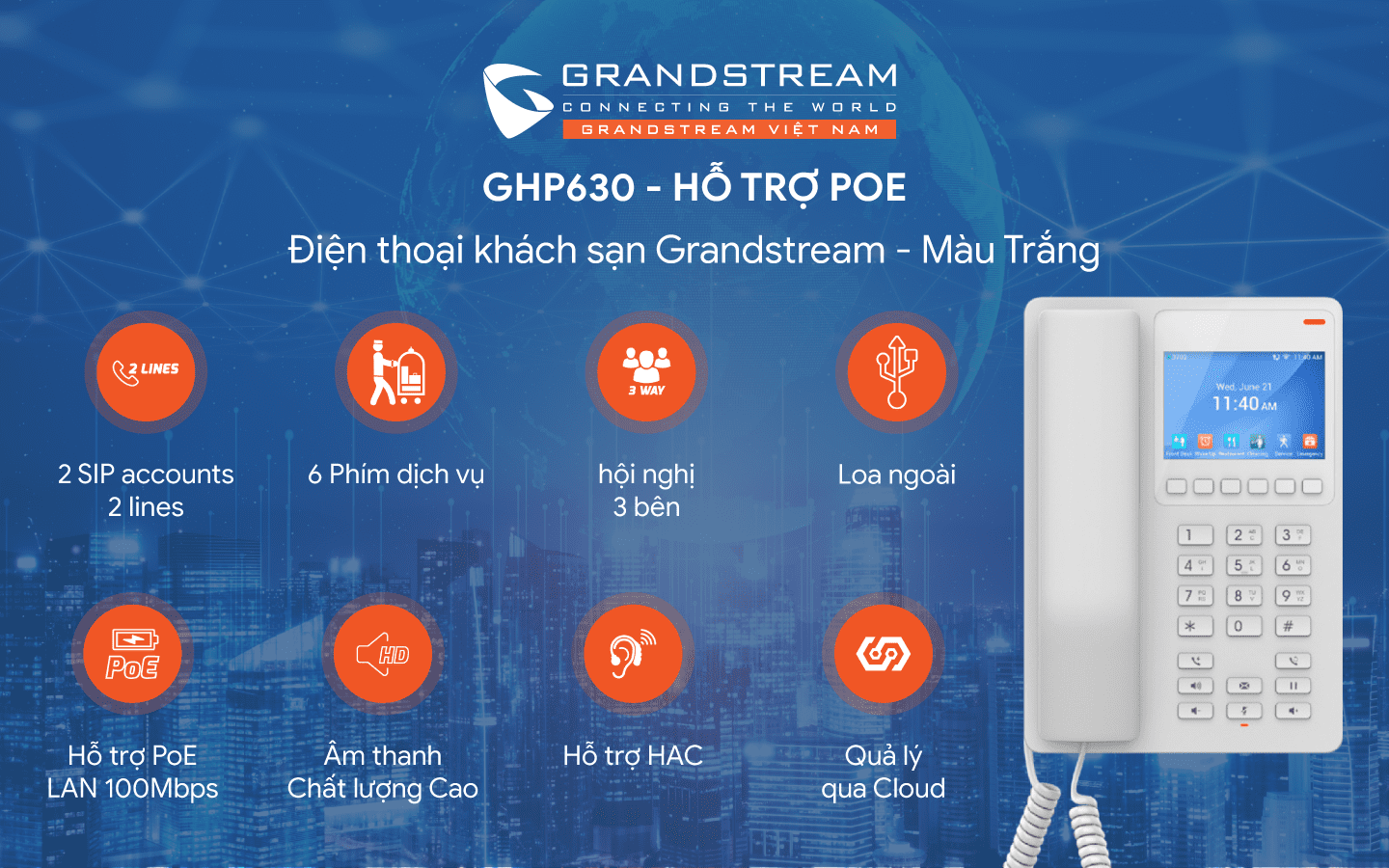 Điện Thoại Khách Sạn PoE Grandstream GHP630 Màu Trắng