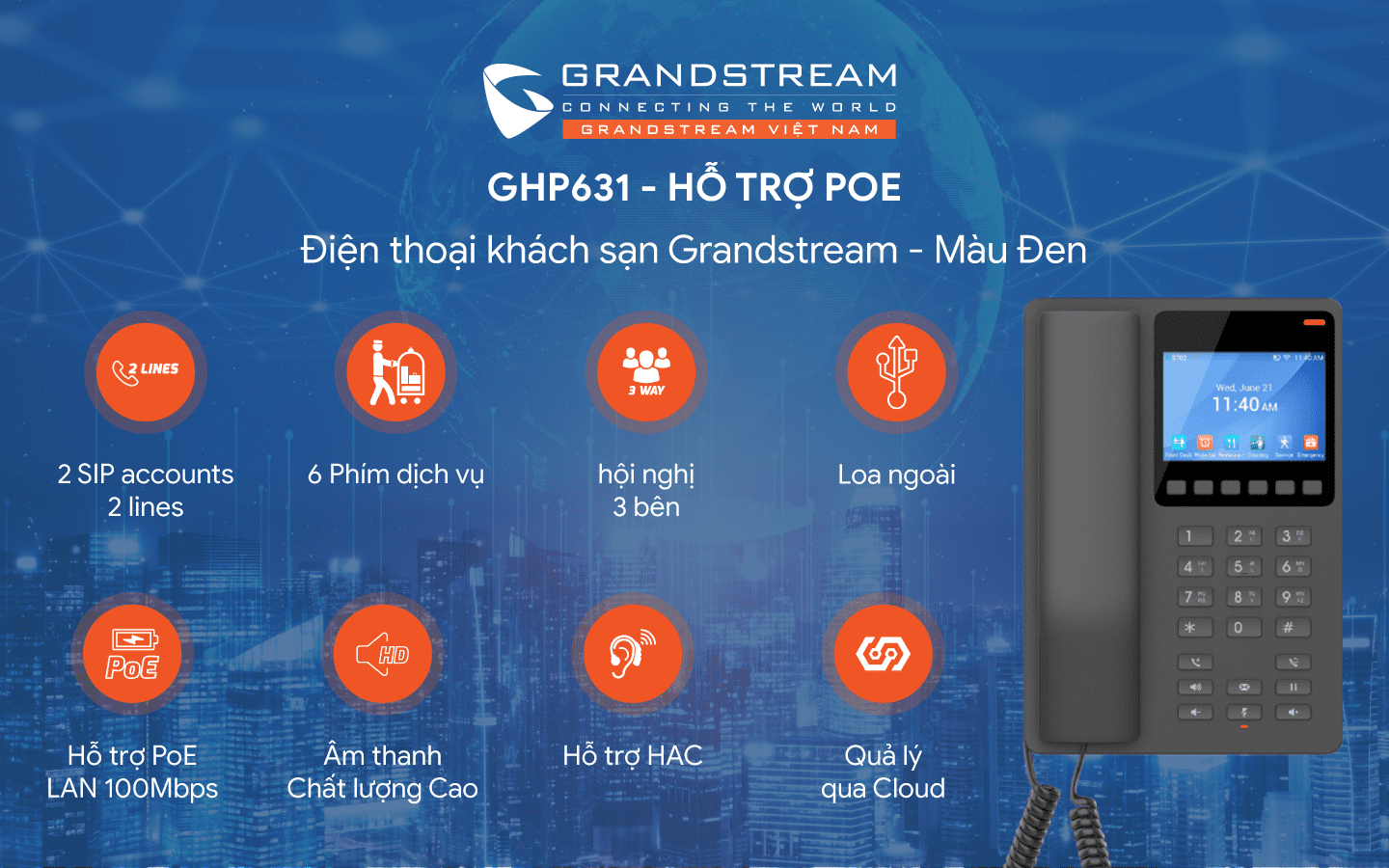 Điện Thoại Khách Sạn PoE Grandstream GHP631 Màu Đen