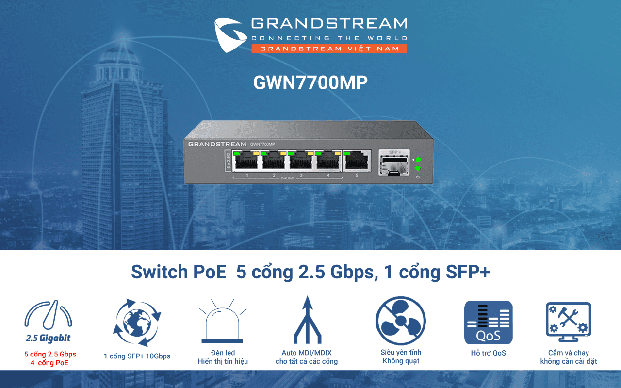 Switch 6 cổng, 4 cổng PoE Grandstream GWN7700MP