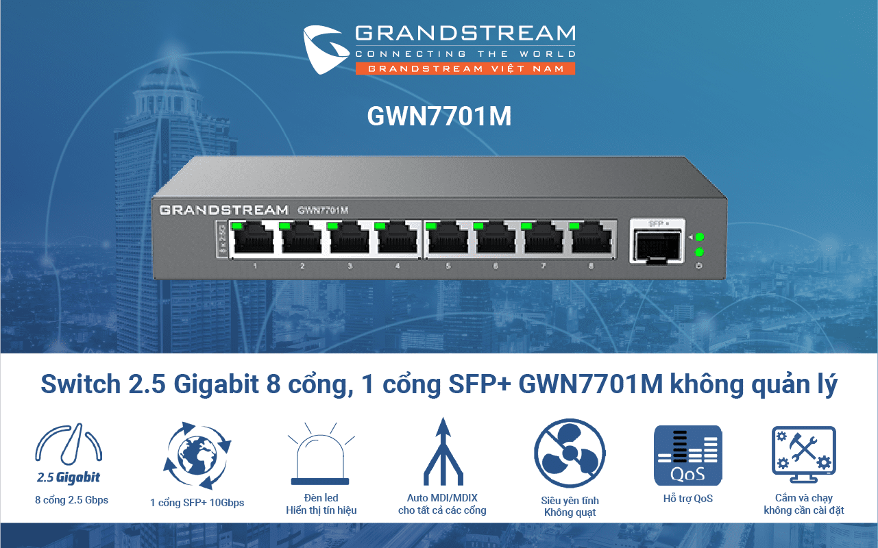 Switch 8 cổng 2.5Gbps, 1 cổng SFP+ Grandstream GWN7701M