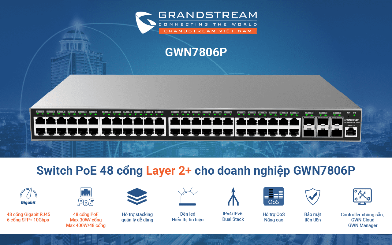 Switch PoE 48 cổng Layer 2+ Grandstream GWN7806P