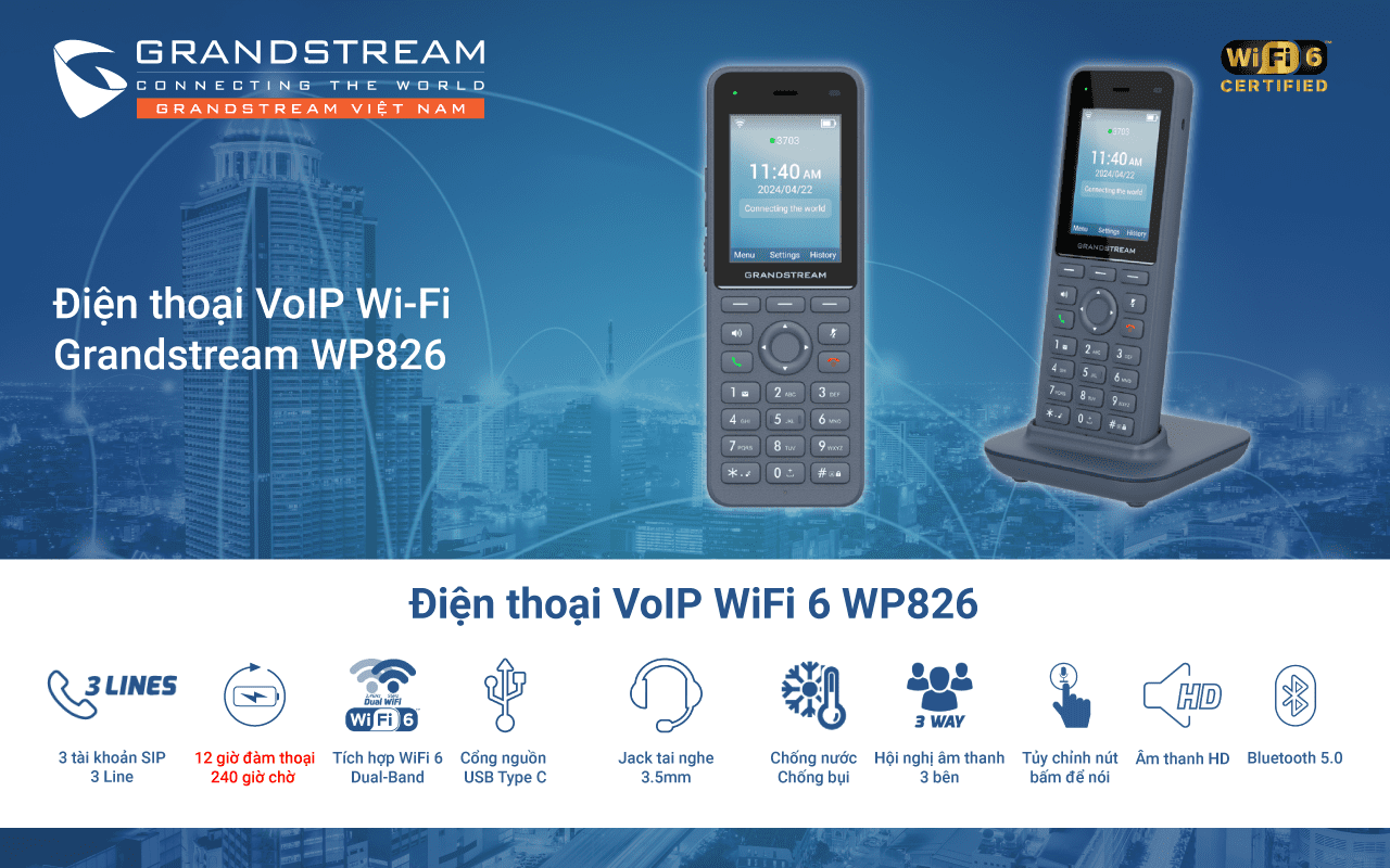 Điện thoại IP không dây Wi-Fi 6 Grandstream WP826