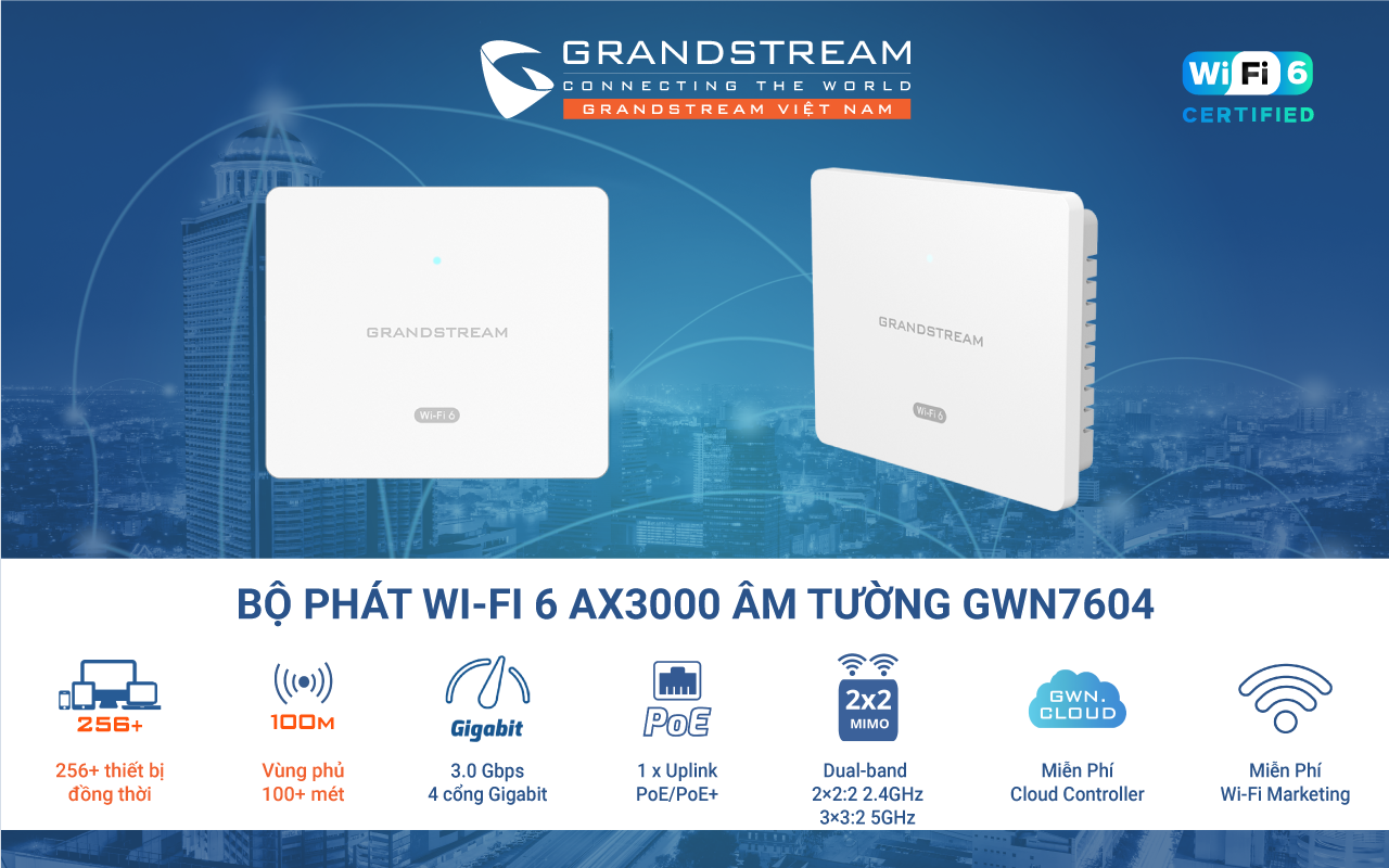 Bộ phát Wi-Fi 6 AX3000 Grandstream GWN7604