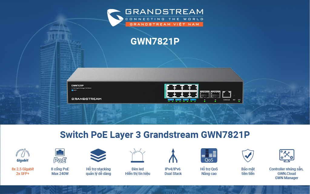 Switch PoE Layer 3 Grandstream GWN7821P 8 cổng  2.5GbE, 2 cổng SFP+