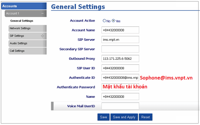 Khai báo tài khoản IMS VNPT vào điện thoại IP